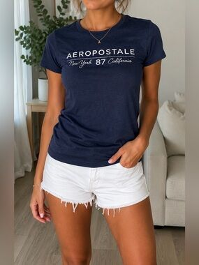 AEROPOSTALE Y2K Navy Fitted Crewneck Women’s Tee T-Shirt Sz S EUC